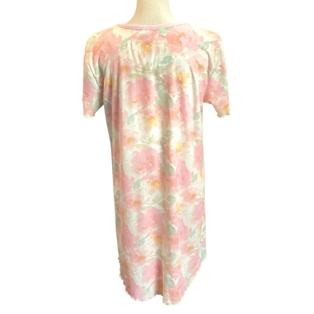 Flora Nikrooz Fine Ribbed Pink Floral‎ Scoop Neck Nightgown Sleep Shirt Small